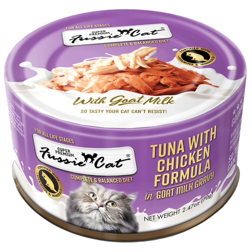 Fussie Cat Premium Tuna with Chicken Formula in Goat Milk Gravy Canned Cat Food (2.47 oz (70g) Can)
